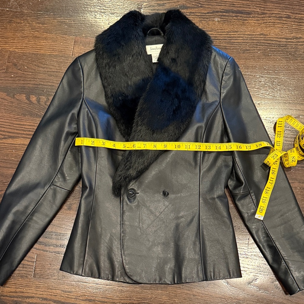 Neiman Marcus Black Fur Collar Leather Jacket 4 - Picture 2 of 9